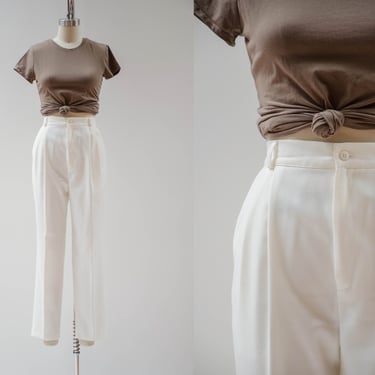 high waisted pants | 90s vintage Liz Claiborne ivory white cream academia style tapered leg pleated trousers 