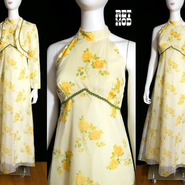 BEAUTIFUL Vintage 60s 70s Light Yellow Floral Maxi Dress with Matching Cropped Jacket 