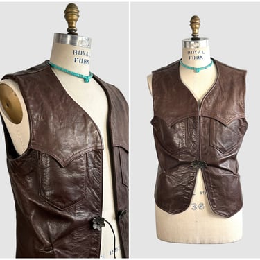 EAST WEST Musical Instruments Vintage 70s Mens Leather Vest, 1970s Hippie Chic Designer, Brown Western Style Top | Moto Biker Rocker, Medium 