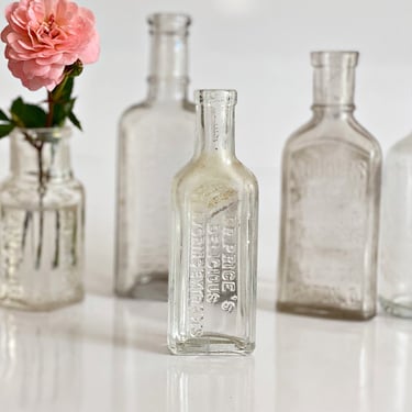 Set of 6 Vintage Apothecary Bottles - Embossed Glass Druggist Jars - Boho Chic Bud Vases or Unique Suncatchers 