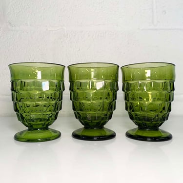 Vintage Green Goblets Glasses Set of 3 Indiana Glass Whitehall Pattern Avocado Lowball Glasses 1960s 60s 