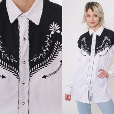 Embroidered Western Shirt 90s Black White Floral Pearl Snap Button up Cowboy Smile Pocket Rodeo Vintage 1990s Panhandle Slim Men's Medium 