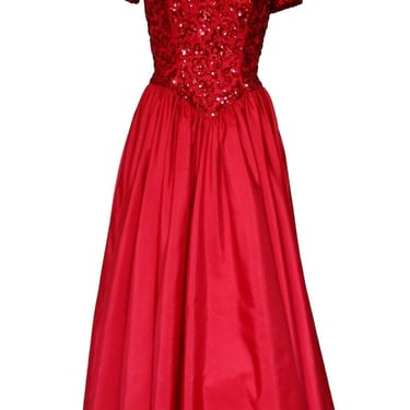 80s Prom Dress, Vintage Mike Benet Formals, Red Gown, M Women, Sequin Top, Cold Shoulder 