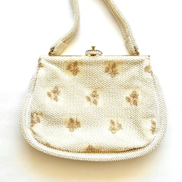 Vintage 50s 60s Beaded Corde Bag White Wedding Handbag Sequin 1950s Bridal Purse 