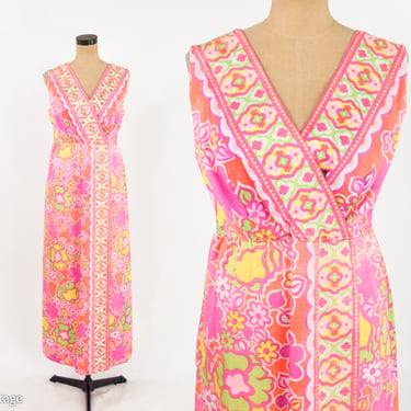 1970s Pink Floral Print Maxi Dress | 70s Pink Print Tiki Print Maxi | Medium 