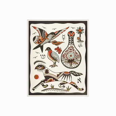Henry Hablak Print on Paper Tattoo Flash Card Original Art Horse Bird Flower Sign Astrology 