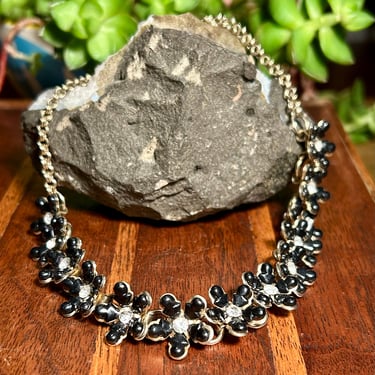Vintage Rhinestone Flower Necklace Black Flowers Retro Fashion Jewelry Gift 