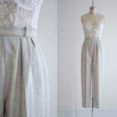 high waisted pants | 80s vintage cream gray blue striped linen style straight leg trousers 