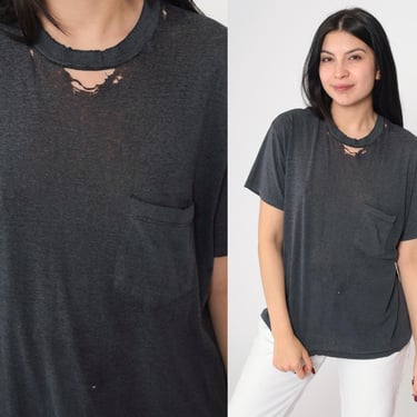 Vintage Distressed Charcoal T-Shirt 80s Burnout TShirt Paper Thin T Shirt Single Stitch Tee Sheer Grey Crewneck Ripped 1980s Medium 