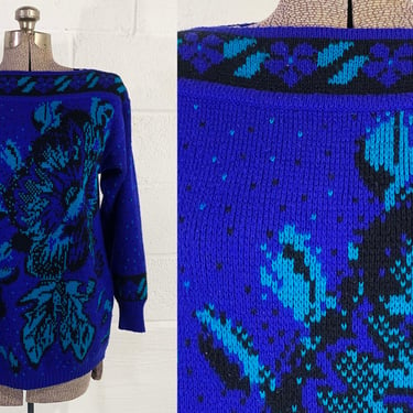 Vintage Abstract Sweater Teal Blue Black Long Sleeve Floral Flowers Knit Oversized Adolfo Collectibles Large XL 1980s 