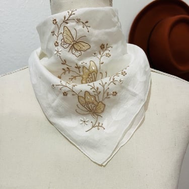 Handmade Vintage White Soft Butterfly Floral Embroidered Square Bandana 