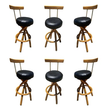 Restored Spiral Legs Rattan & Brass Barstool w/ Swivel Seats, Set of Six 