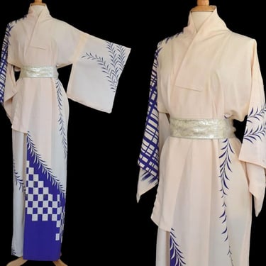 Vintage 30s Kimono Robe, Cream and Blue Asian Silk Crepe Japan Ceremonial Kimono, Japanese Kimono, Women L to XL 