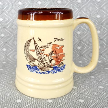 Vintage Florida Mug - Sun Sailboat Seagulls - Brown Glazed Ceramic Cup w/ Handle - 1970s 1980s 
