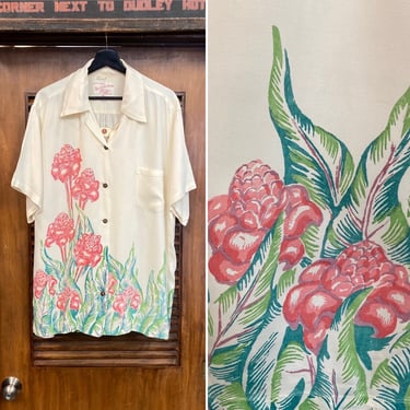 Vintage 1940’s Size L Floral Border Rayon Tiki Hawaiian Shirt, 40’s Vintage Clothing 