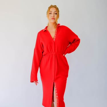 Vintage 80s Norma Kamali Candy Red Fleece Multi Snap Dress w/ Pockets | Made in USA | Avant Garde, Dolman Sleeve | 1980s OMO Designer Dress 