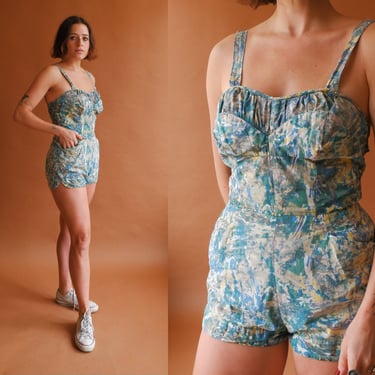 Vintage 50s Watercolor Swimsuit/ 1950s Cotton Playsuit/ Green Blue Abstract Romper/ Size Medium 