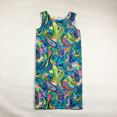 1960s Psychdelic Paisley Print Shift Dress / Blue and Pink / Perfection / Okinawa / Hawiian / Cotton / Metal Zipper / Neon / Small / Bright 