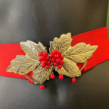 red poinsettia leaf belt 1980s stretch elastic waspie / beaded leaves disco belt medium large 