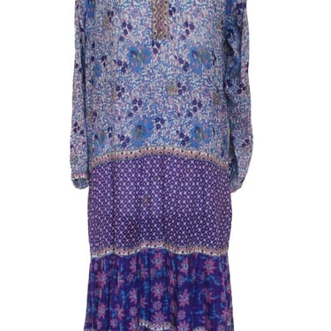 Indian Cotton Maxi Dress, Vintage 70s Indus, L Women, Purple Blue 