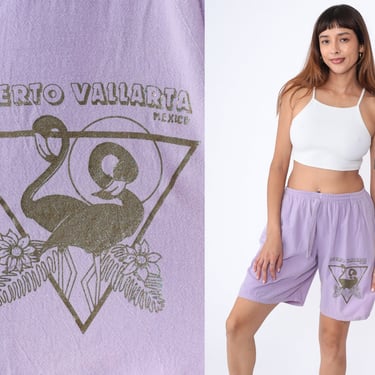 Puerto Vallarta Shorts 90s Lavender Flamingo Graphic Cotton High Waisted Purple Beach Surfer Mexico Elastic Waist Vintage 1990s Small xs s 