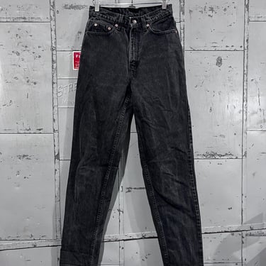 90s, Size 8 long black denim red tab Levi’s 521 black denim pants made in USA levis tapered fit tapered leg unisex 