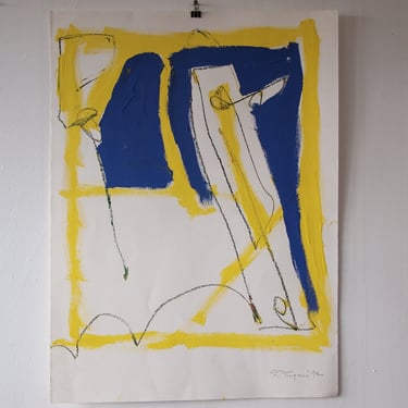 Original Vintage R. TIMPANO ABSTRACT Expressionist PAINTING 30x22" Oil / Paper, Mid-Century Modern Art yellow blue white eames knoll era 
