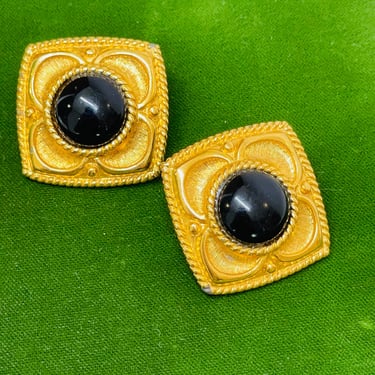 Napier Square Gold Earrings with Black Enamel Dome