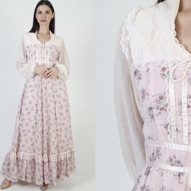 Gunne Sax Size 11 Dress, Swiss Dot Print, Vintage Jessica McClintock, Prairiecore Corset 