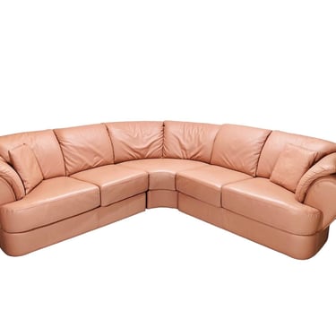 Postmodern 90s Salotti for Natuzzi Wilma Dusty Pink Italian Leather Rounded Back Sectional Sofa 
