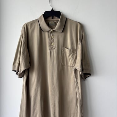 Vintage Bill Blass Polo Shirt Cotton Khaki Beige Black Trim Pocket Men’s Large 