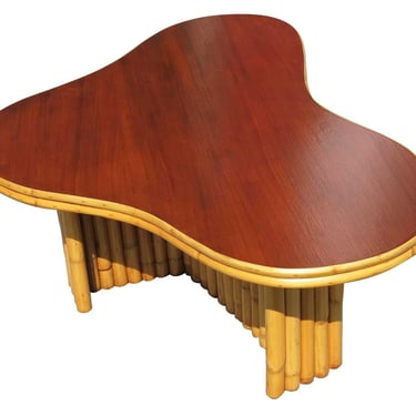 Restored Vintage Biomorphic Amoeba Rattan & Mahogany Coffee Table 
