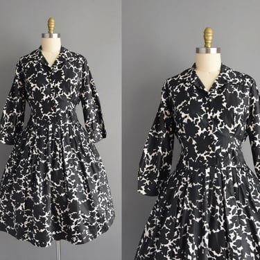 1950s vintage dress | Meg Marlowe Black & White Floral Print Full Skirt Shirtwaist Dress | Large | 50s dress 