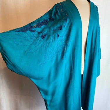 Retro jewel tone long oversized jacket dark green with lacy eyelets cutouts plus size swimsuit coverups casual top robe rayon volup plus 