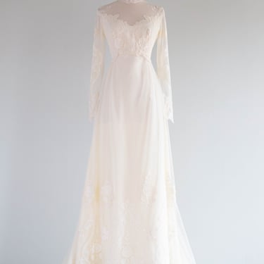 Enchanted 1970's Candlelight Ivory Romantic Wedding Gown With Floral Appliqués / M