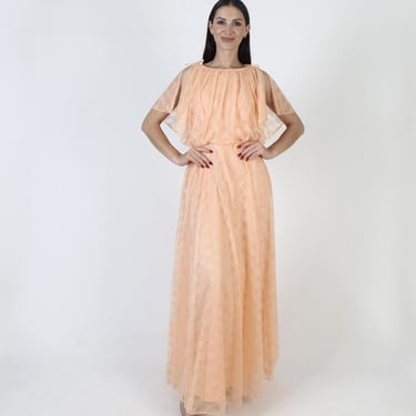 Long Grecian Peach Dress, Vintage Goddess Bridal Gown, Disco Party Length, Sheer Split Sleeve Maxi 