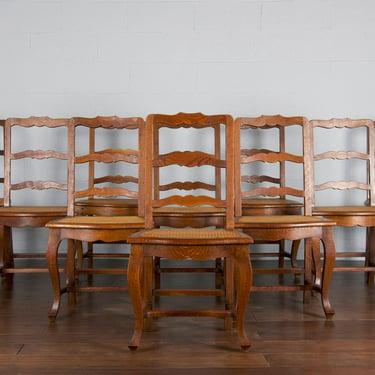 Antique Country French Provincial Tiger Oak Ladder Back Cane Dining Chairs- Set of 10 