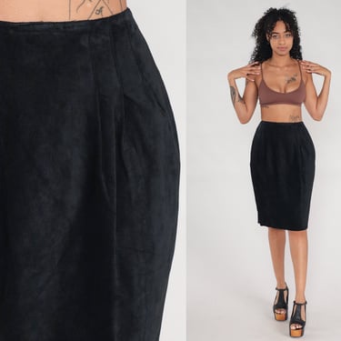 Black Suede Skirt 90s Leather Midi Skirt Suede Pencil Skirt Retro Silky Pig Suede High Waisted Wiggle Skirt Vintage 1990s Small 