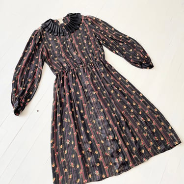 1980s Sheer Black Silk Metallic Striped Floral Print Dress with Ruffled Collar 