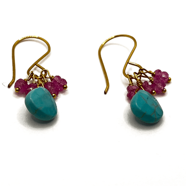 Turquoise and pink sapphire beads earring on gold fill wire earring