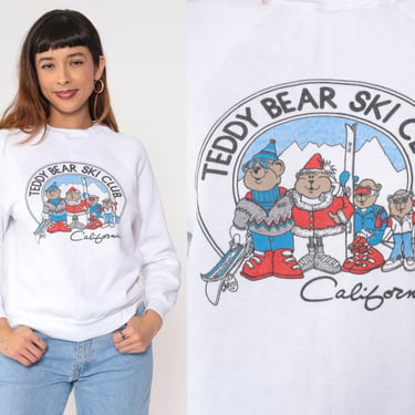 Teddy Bear Ski Club Sweatshirt 80s 90s California Skiing Graphic Winter Sweatshirt Snow Ski Sweater Kawaii Crewneck Vintage White Small 