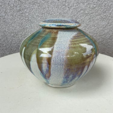 Vintage pottery blue green purple pastels glaze pot with lid signed 1991 by Chris Olson 