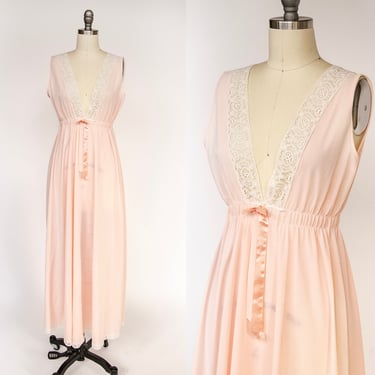 1960s Nightgown Nylon Lace Full Length Slip Dress S 