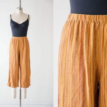 high waisted pants | 90s vintage orange yellow striped linen elastic waist baggy wide leg cropped ankle pants 