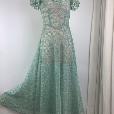 1930'S Embroidered Lace Dress - Mint Colored Cotton Embroidery on Sheer Net - Flared Skirt - Old Hollywood Style - Size Small - 28 Waist 