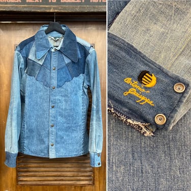 Vintage 1970’s Size L Antonio Guiseppe Denim Patchwork Hippie Shirt Jacket, 70’s Jean Jacket, Vintage Clothing 