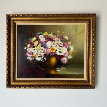 1970's Eric Linnell Floral Still Life Oil On Cnavs Painting, Framed 