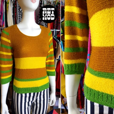 Cool Vintage 60s 70s Butterscotch, Green, Yellow Stripe Scoop Neck Sweater 