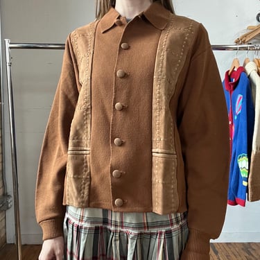 L XL, Vintage 1950s 1960s Brown Suede Knit Cardigan, Campus, S2 