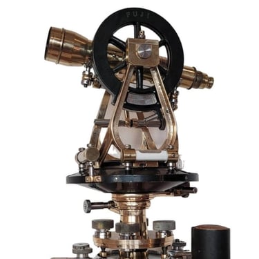 Scarce Fine Mid-Century Japanese Surveyor Transit Theodolite w/ Telescope Compass Keyaki Elm Box Case Signed Fuji Surveying Instrument Co 